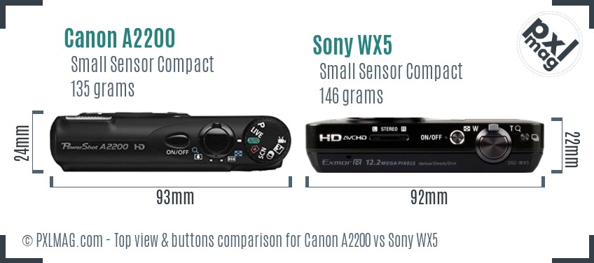 Canon A2200 vs Sony WX5 top view buttons comparison