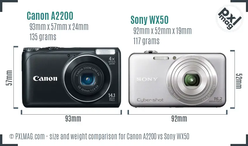 Canon A2200 vs Sony WX50 size comparison