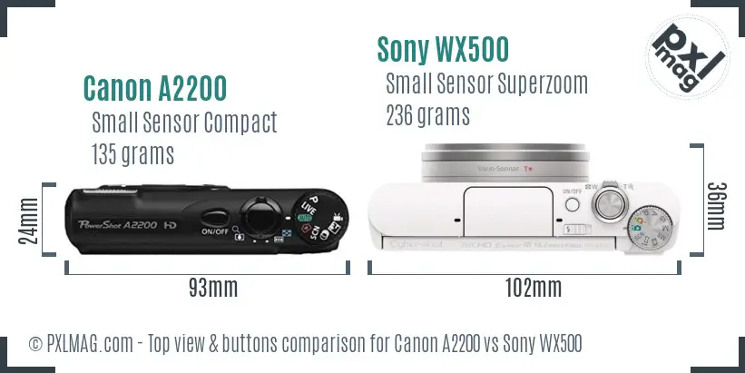 Canon A2200 vs Sony WX500 top view buttons comparison