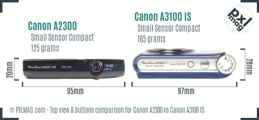 Canon A2300 vs Canon A3100 IS top view buttons comparison