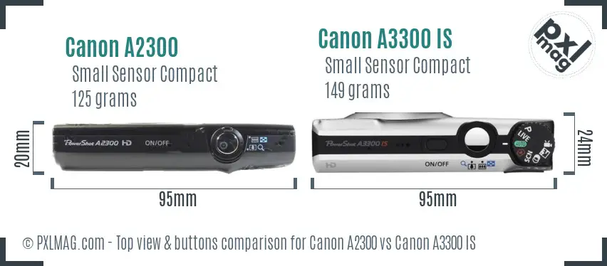 Canon A2300 vs Canon A3300 IS top view buttons comparison