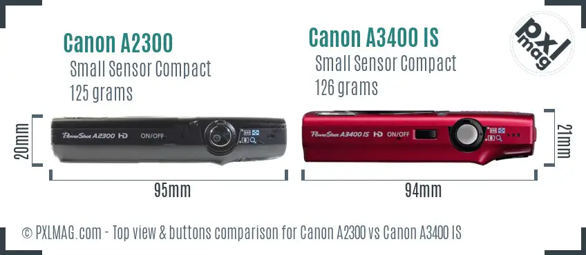 Canon A2300 vs Canon A3400 IS top view buttons comparison