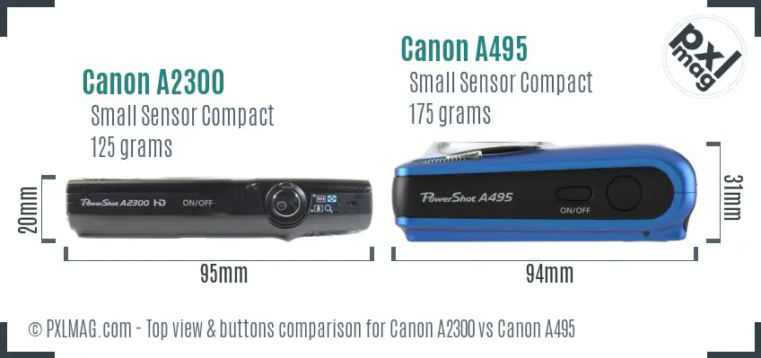 Canon A2300 vs Canon A495 top view buttons comparison