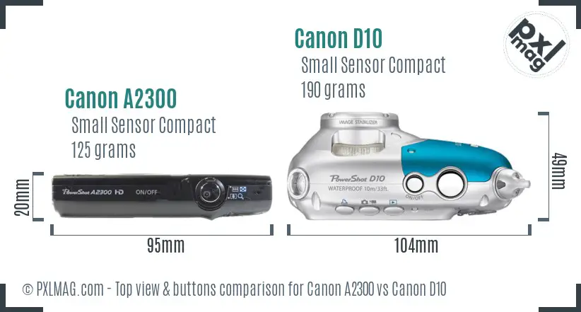 Canon A2300 vs Canon D10 top view buttons comparison
