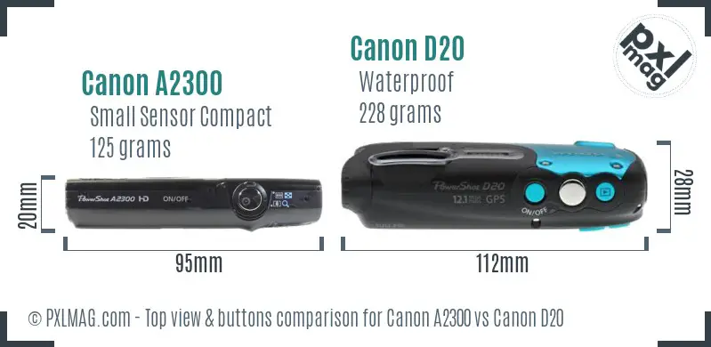Canon A2300 vs Canon D20 top view buttons comparison