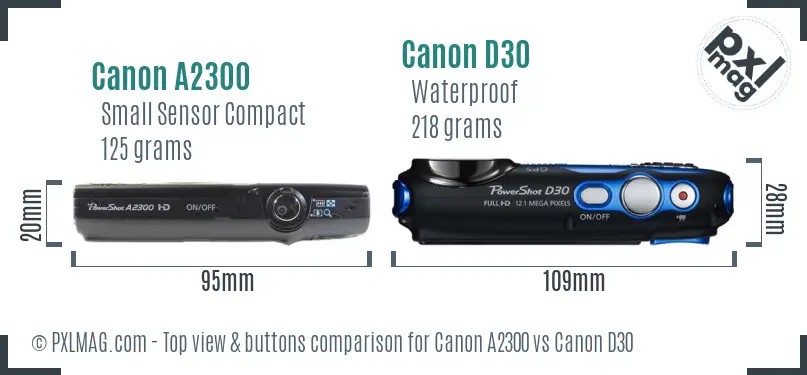 Canon A2300 vs Canon D30 top view buttons comparison