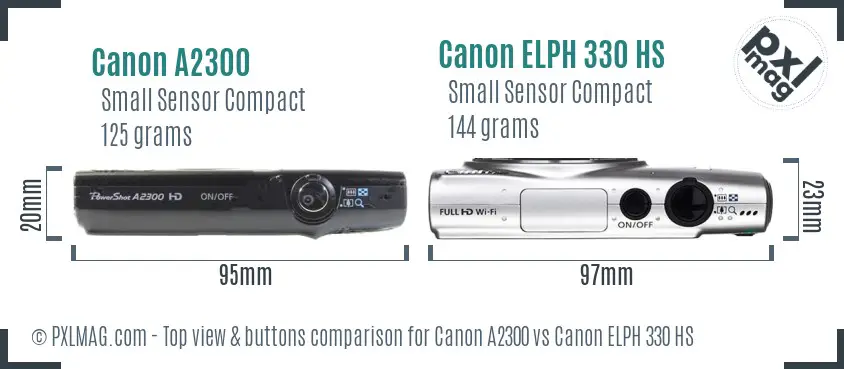 Canon A2300 vs Canon ELPH 330 HS top view buttons comparison