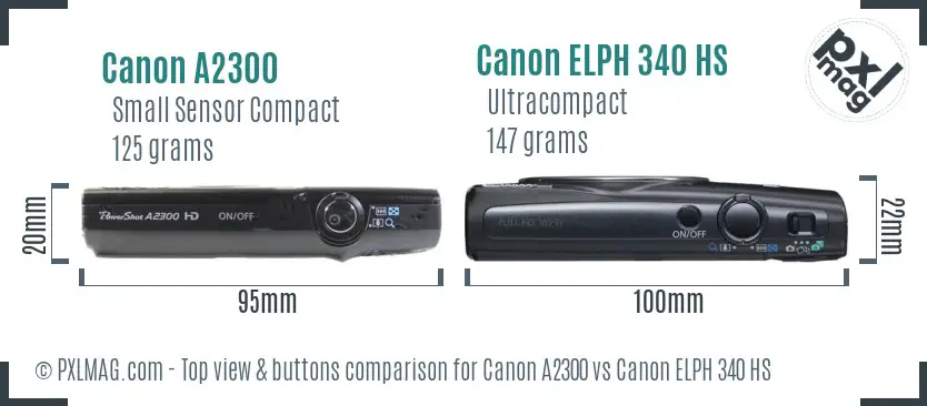 Canon A2300 vs Canon ELPH 340 HS top view buttons comparison