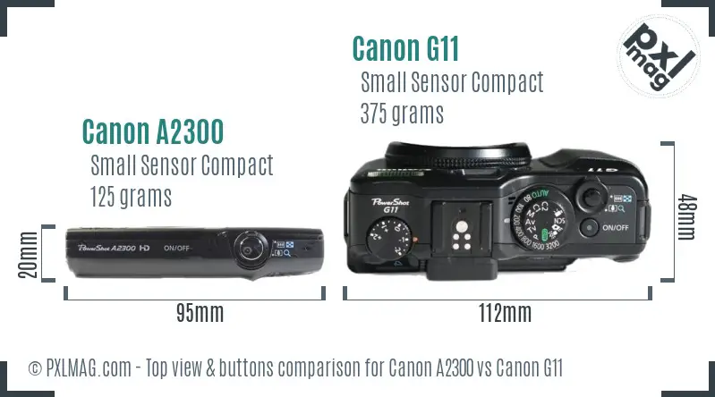 Canon A2300 vs Canon G11 top view buttons comparison