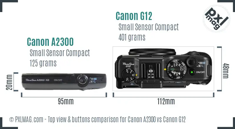 Canon A2300 vs Canon G12 top view buttons comparison