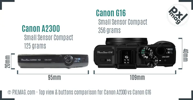 Canon A2300 vs Canon G16 top view buttons comparison