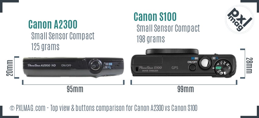 Canon A2300 vs Canon S100 top view buttons comparison