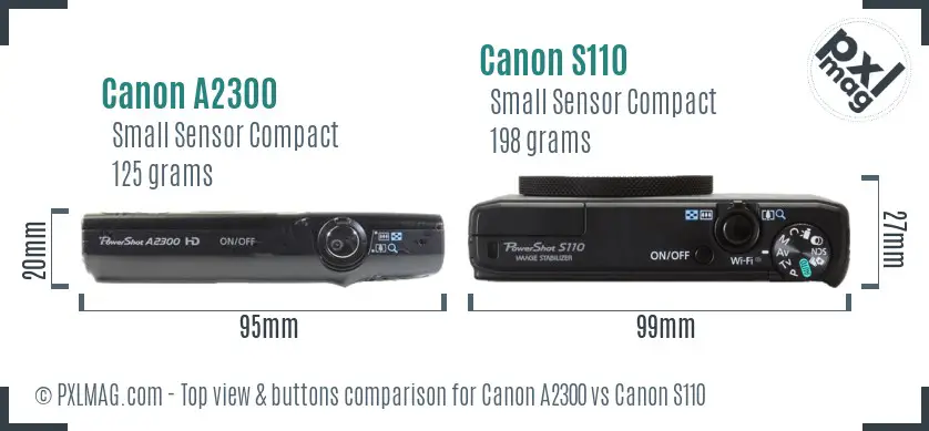 Canon A2300 vs Canon S110 top view buttons comparison