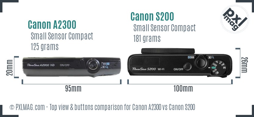 Canon A2300 vs Canon S200 top view buttons comparison