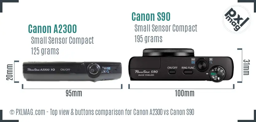 Canon A2300 vs Canon S90 top view buttons comparison