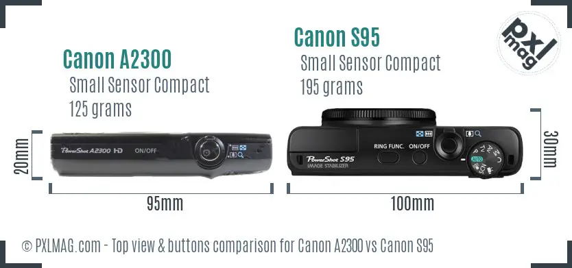 Canon A2300 vs Canon S95 top view buttons comparison Canon A2300 vs Canon S95 top view buttons comparison