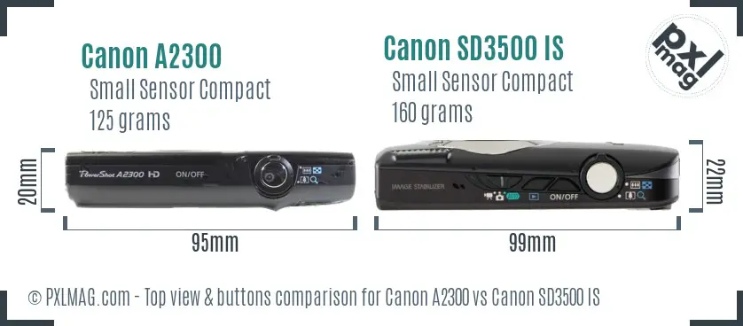 Canon A2300 vs Canon SD3500 IS top view buttons comparison