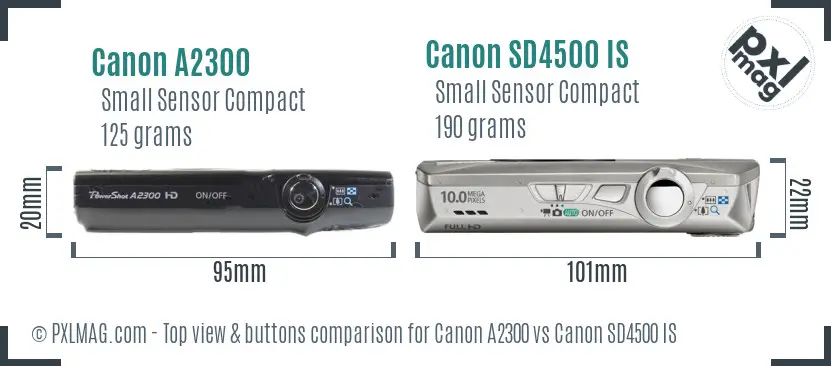 Canon A2300 vs Canon SD4500 IS top view buttons comparison Canon A2300 vs Canon SD4500 IS top view buttons comparison
