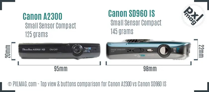 Canon A2300 vs Canon SD960 IS top view buttons comparison Canon A2300 vs Canon SD960 IS top view buttons comparison
