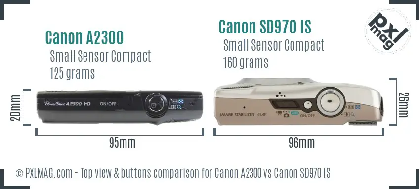 Canon A2300 vs Canon SD970 IS top view buttons comparison