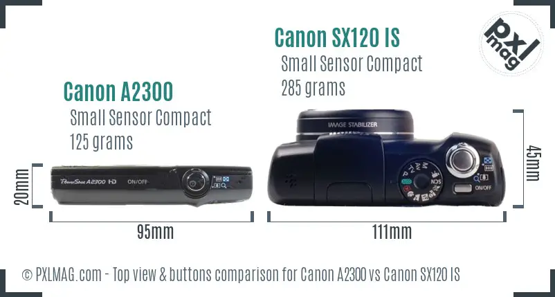 Canon A2300 vs Canon SX120 IS top view buttons comparison