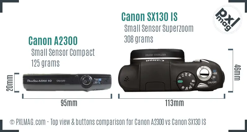 Canon A2300 vs Canon SX130 IS top view buttons comparison