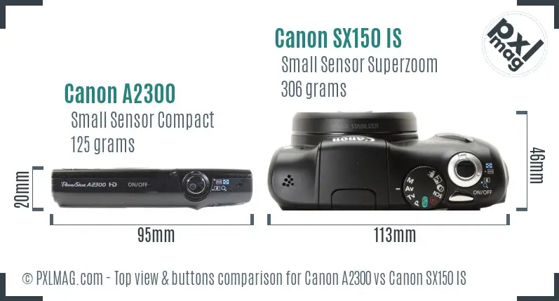 Canon A2300 vs Canon SX150 IS top view buttons comparison