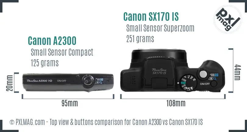 Canon A2300 vs Canon SX170 IS top view buttons comparison