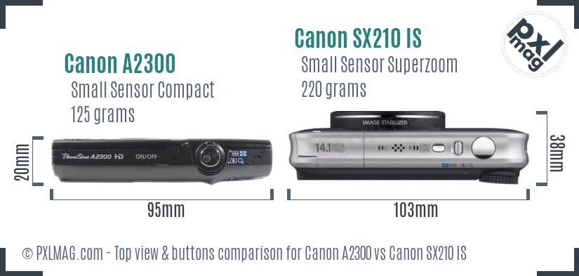 Canon A2300 vs Canon SX210 IS top view buttons comparison