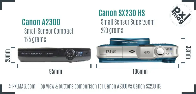 Canon A2300 vs Canon SX230 HS top view buttons comparison