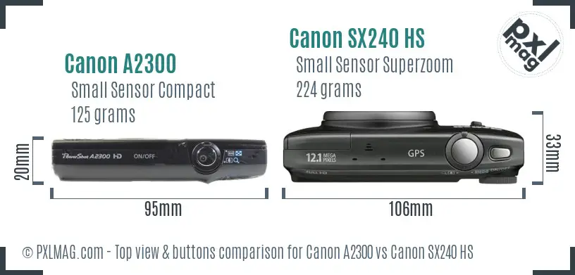 Canon A2300 vs Canon SX240 HS top view buttons comparison