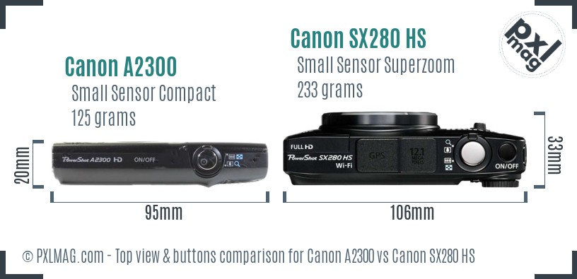 Canon A2300 vs Canon SX280 HS top view buttons comparison
