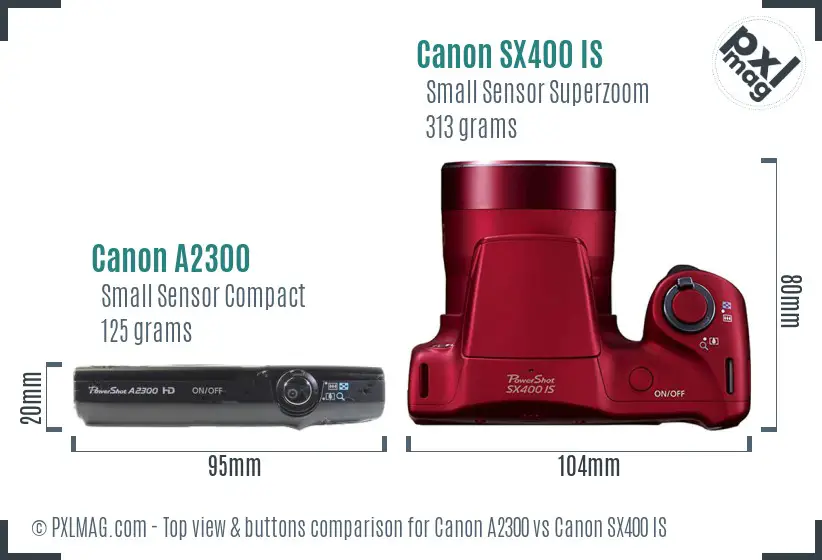 Canon A2300 vs Canon SX400 IS top view buttons comparison