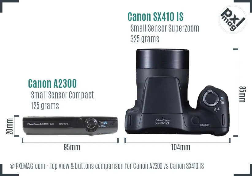Canon A2300 vs Canon SX410 IS top view buttons comparison Canon A2300 vs Canon SX410 IS top view buttons comparison