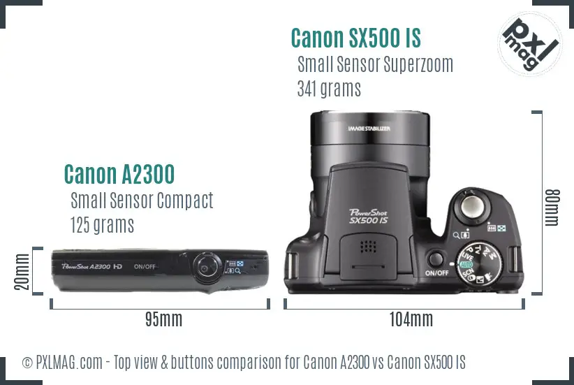 Canon A2300 vs Canon SX500 IS top view buttons comparison