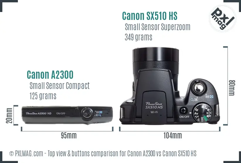 Canon A2300 vs Canon SX510 HS top view buttons comparison