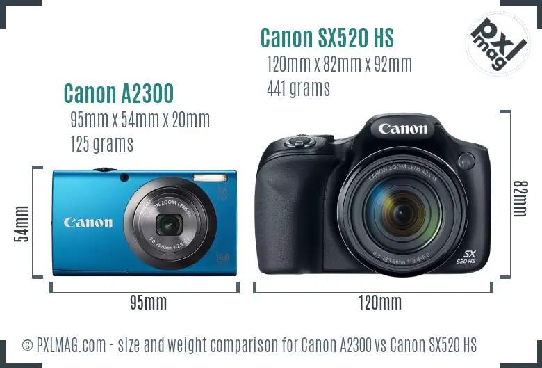 Canon A2300 vs Canon SX520 HS size comparison