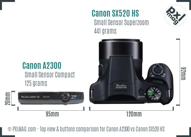 Canon A2300 vs Canon SX520 HS top view buttons comparison