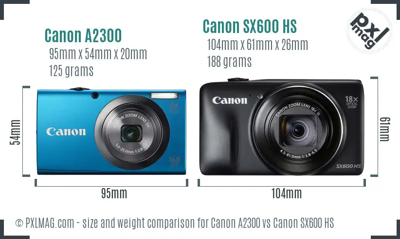 Canon A2300 vs Canon SX600 HS size comparison