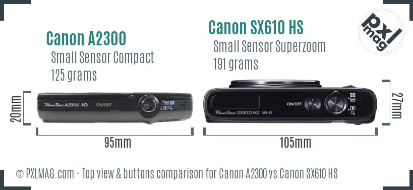 Canon A2300 vs Canon SX610 HS top view buttons comparison Canon A2300 vs Canon SX610 HS top view buttons comparison