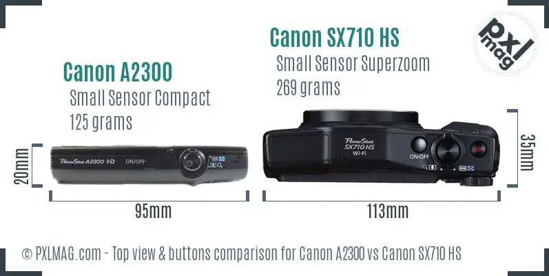 Canon A2300 vs Canon SX710 HS top view buttons comparison