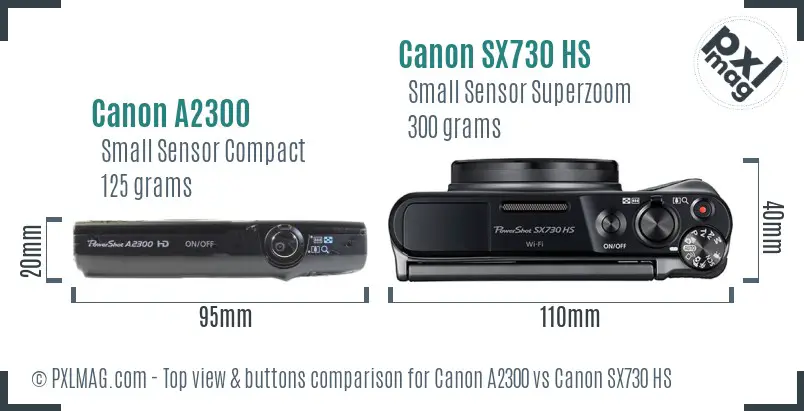 Canon A2300 vs Canon SX730 HS top view buttons comparison