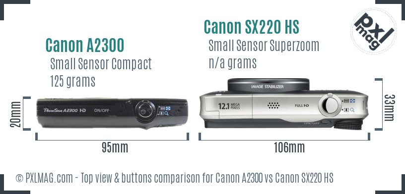 Canon A2300 vs Canon SX220 HS top view buttons comparison