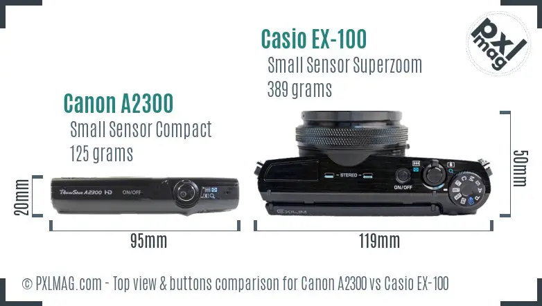 Canon A2300 vs Casio EX-100 top view buttons comparison