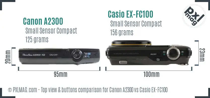 Canon A2300 vs Casio EX-FC100 top view buttons comparison