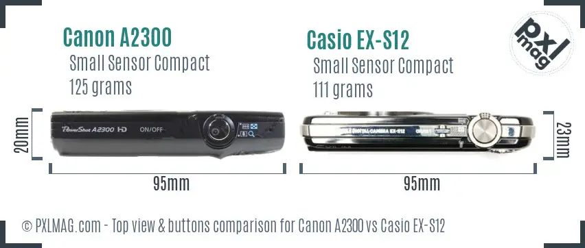Canon A2300 vs Casio EX-S12 top view buttons comparison