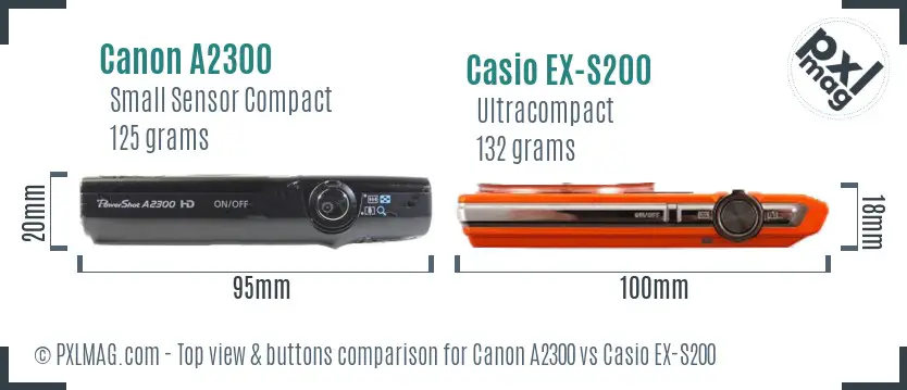 Canon A2300 vs Casio EX-S200 top view buttons comparison