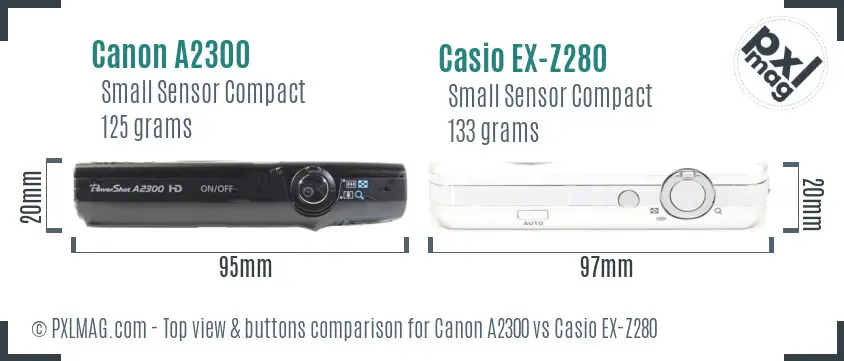 Canon A2300 vs Casio EX-Z280 top view buttons comparison Canon A2300 vs Casio EX-Z280 top view buttons comparison