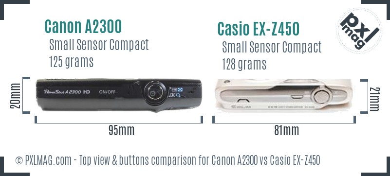Canon A2300 vs Casio EX-Z450 top view buttons comparison