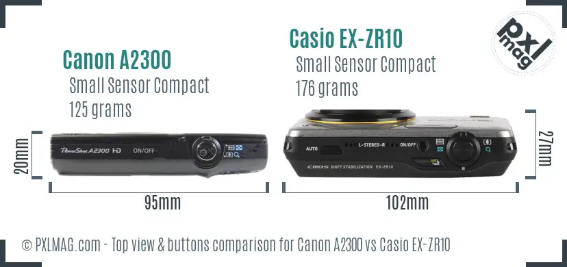 Canon A2300 vs Casio EX-ZR10 top view buttons comparison